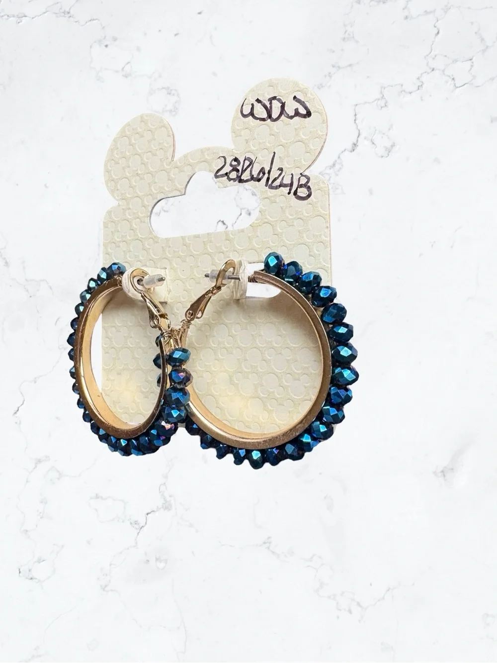 Disney Gold Hoop Earrings with Teal Blue Crystal Beads